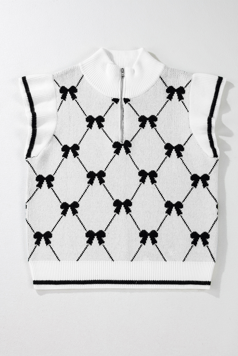 Black Preppy Vibes Bow Print Zipped Collar Sweater Tee - loveforevers
