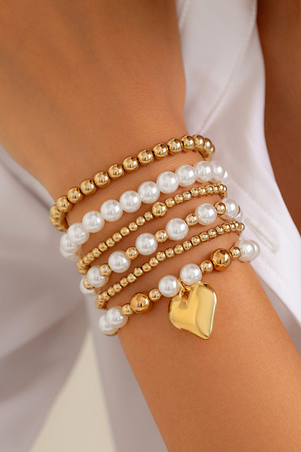 Gold Plated Heart Charm Pearl Beading Multilayer Bracelet - loveforevers