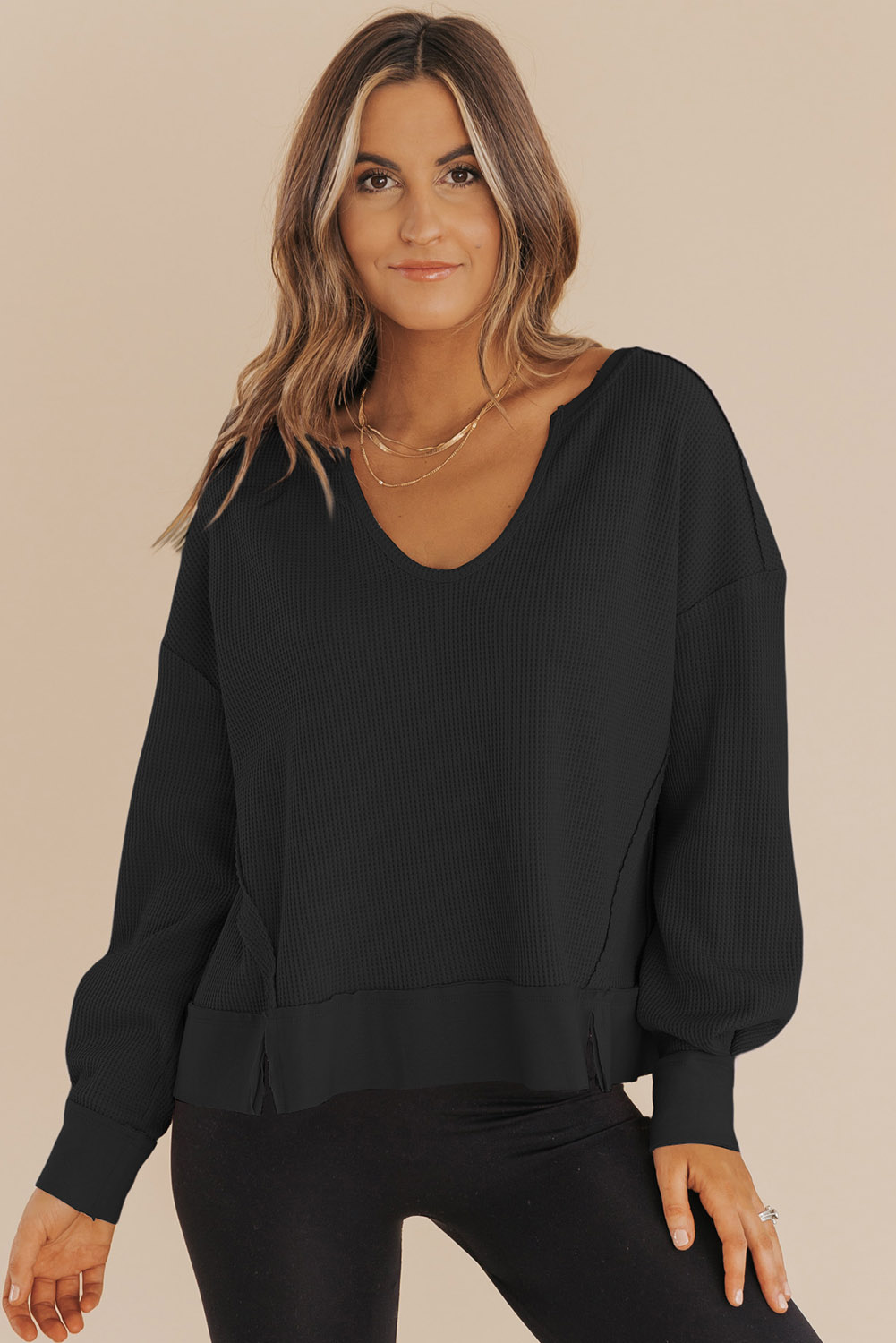 Dark Brown Waffle Knit Notched V Neck Drop Shoulder Solid Sweatshirt - loveforevers