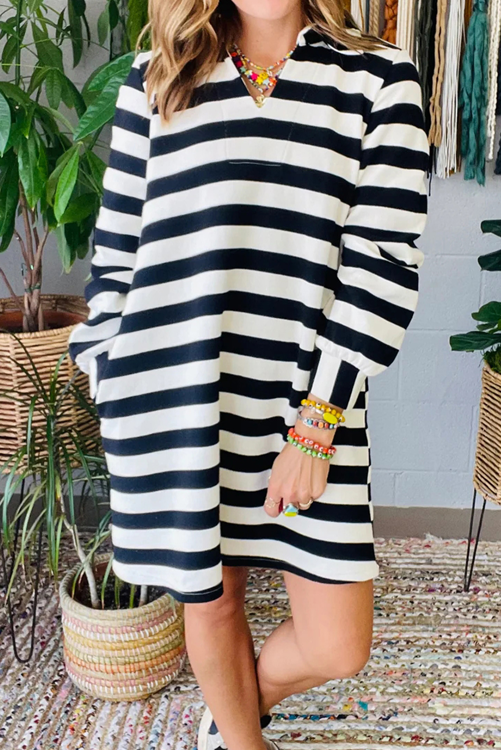 Black Stripe Polo Neck Shift Fit Sweatshirt Dress with Side Pockets - loveforevers