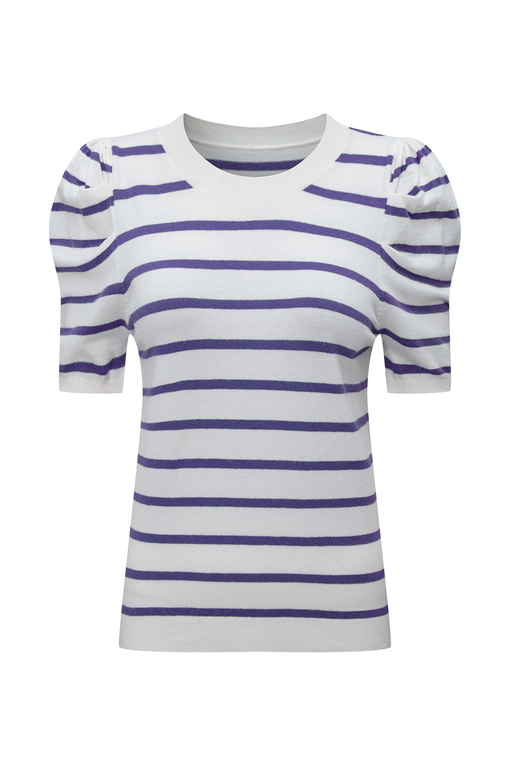 Blue Stripe Ribbed Trim Round Neck Bubble Sleeve Knitted Top - loveforevers