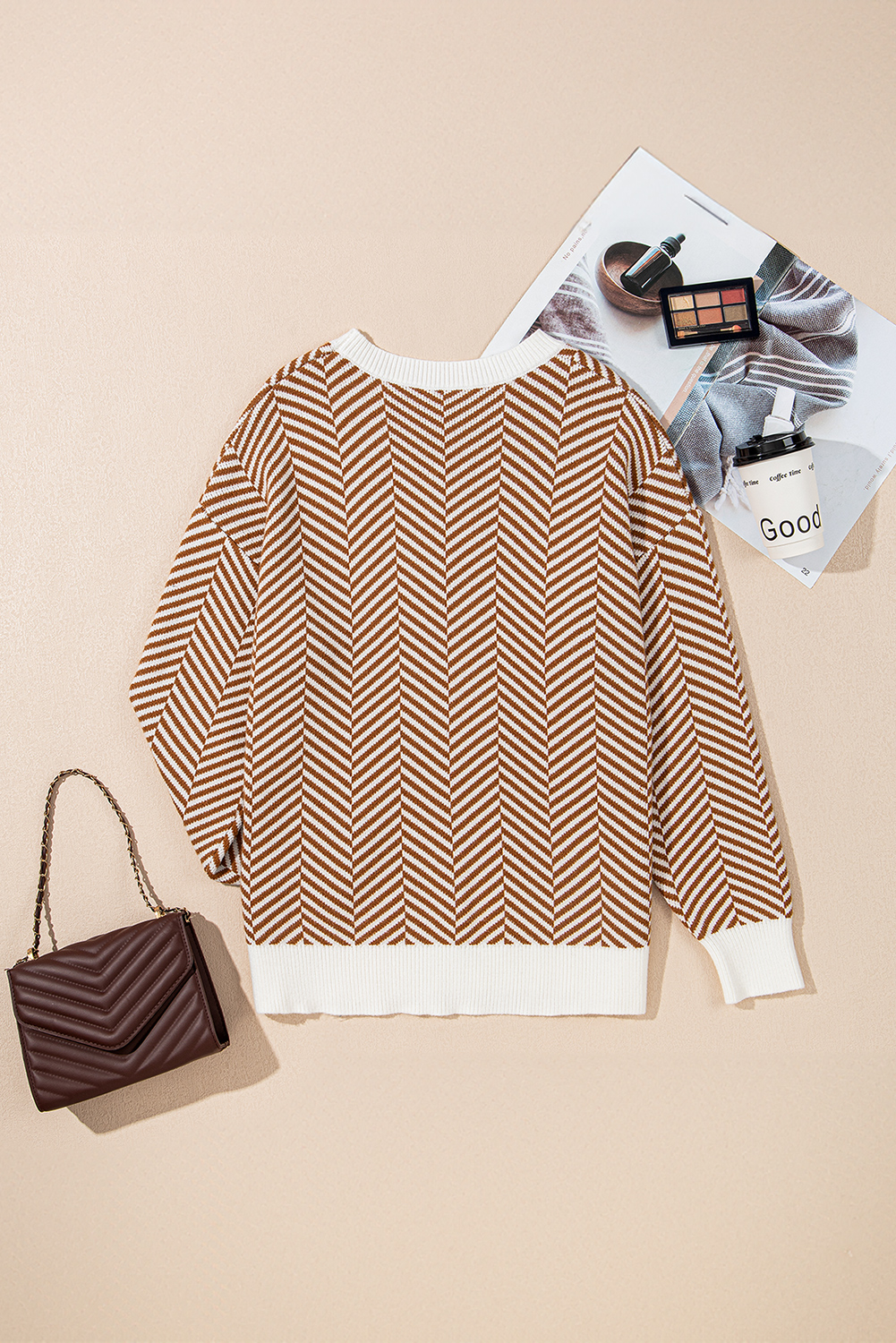 Coffee Contrast Edge Crew Neck Drop Shoulder Sweater - loveforevers