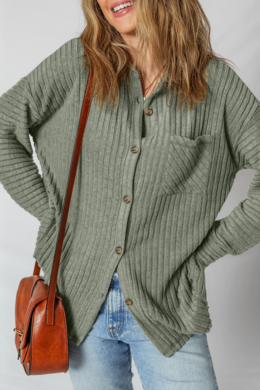 Mist Green Thermal Ribbed Texture Drop Shoulder Button Up Shacket - loveforevers