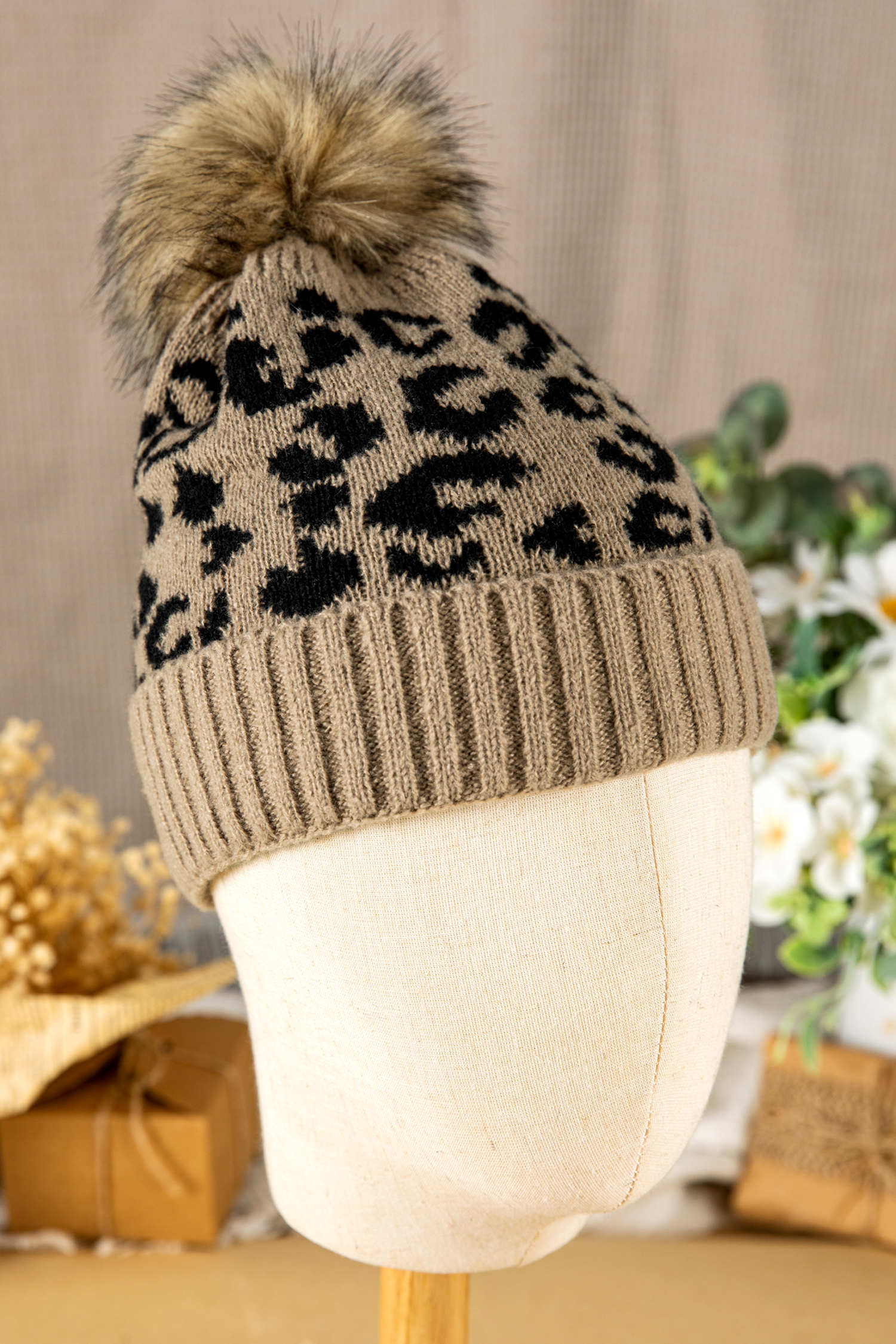 Light French Beige Faux Fur Pompom Leopard Knit Beanie - loveforevers