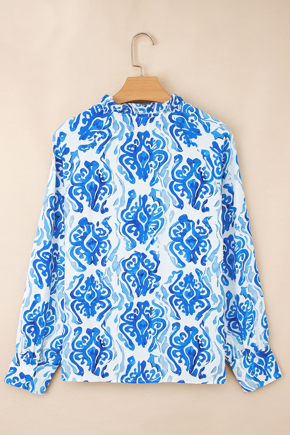 Sky Blue Ethnic Printed Tie Split Neck Button Front Puff Sleeve Shirt - loveforevers