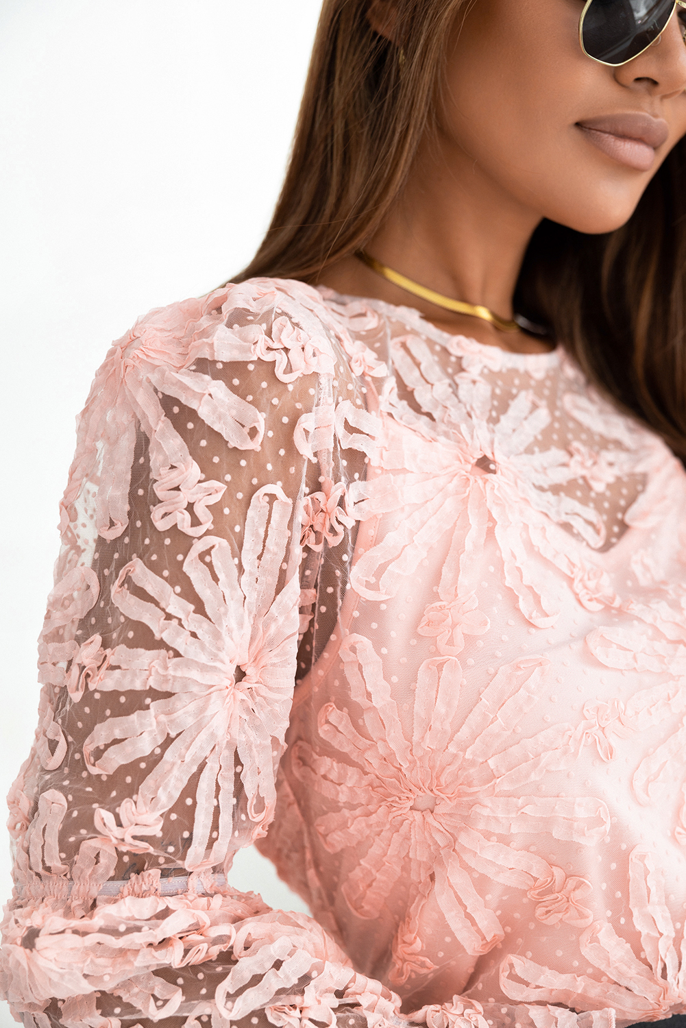 Pink Flower Dotted Ruffled Sleeve Mesh Top - loveforevers