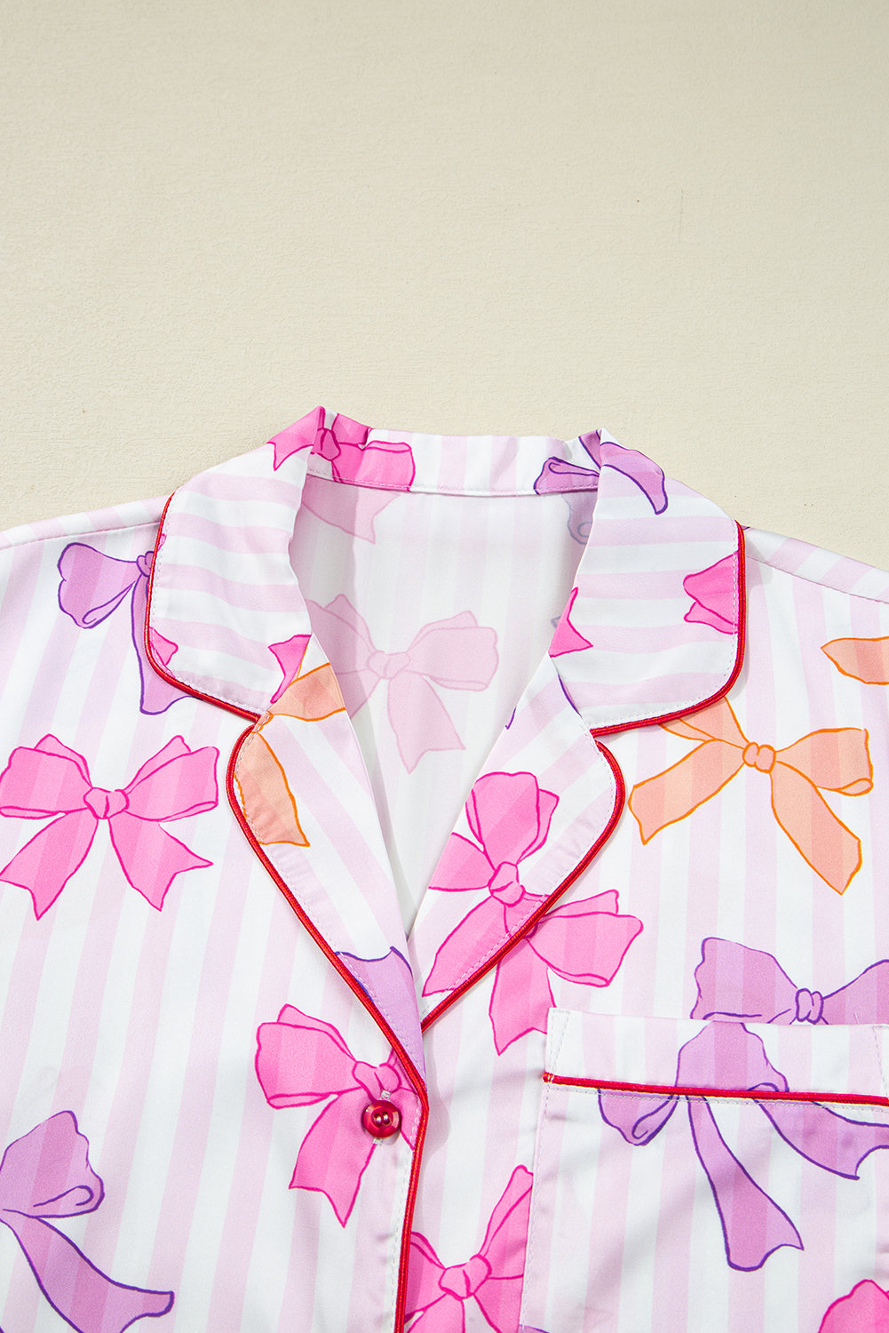 Pink Striped Bow Print Contrast Piping Trim Shirt and Pants 2pcs Pajama Set - loveforevers