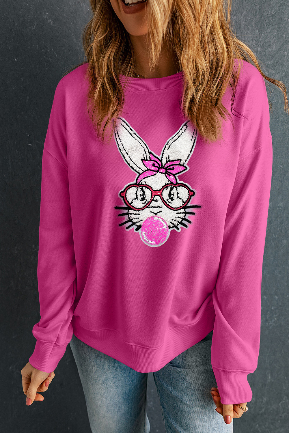 Bonbon Bubble Gum Rabbit Sequin Graphic Drop Shoulder Sweatshirt - loveforevers