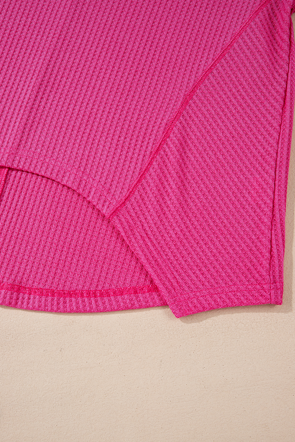 Light Pink Waffle V Neck Long Sleeve Drop Shoulder Loose Blouse - loveforevers