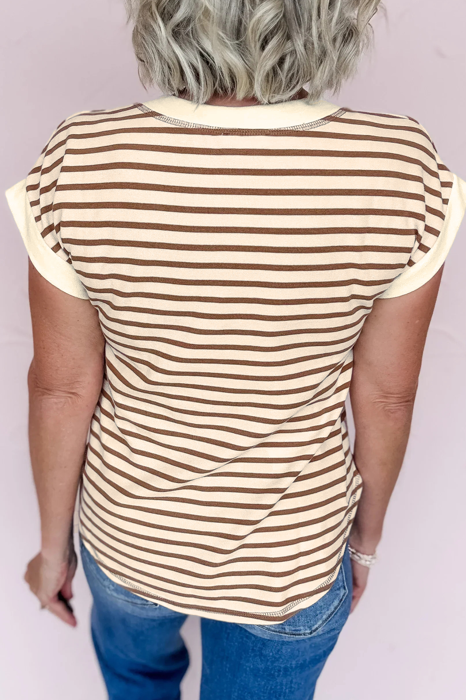 Khaki Stripe Half Buttons Round Neck T Shirt - loveforevers