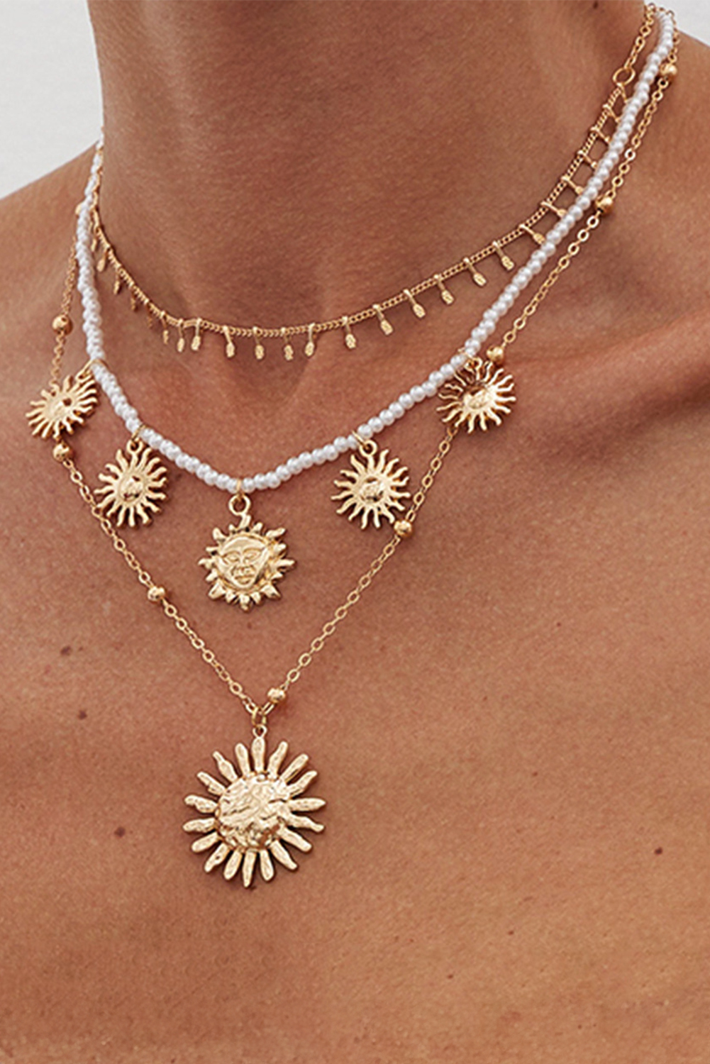Gold Plated Alloy Pearl 3pcs Sun Goddess Necklace Set - loveforevers