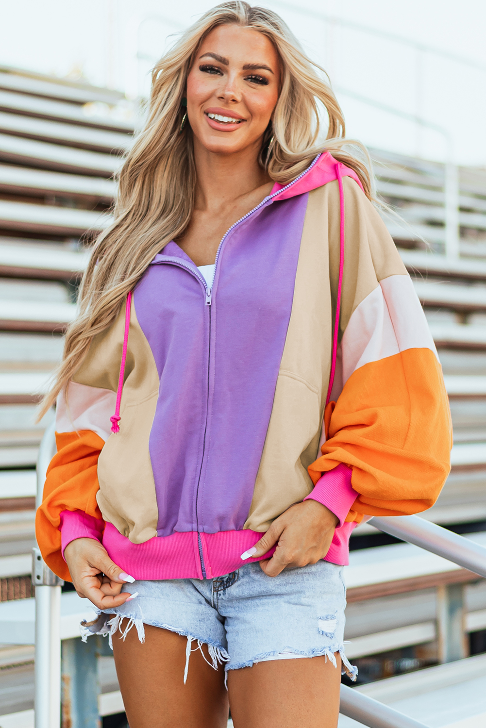 Grapefruit Orange Oversized Colorblock Patchwork Full Zipped Hoodie - loveforevers