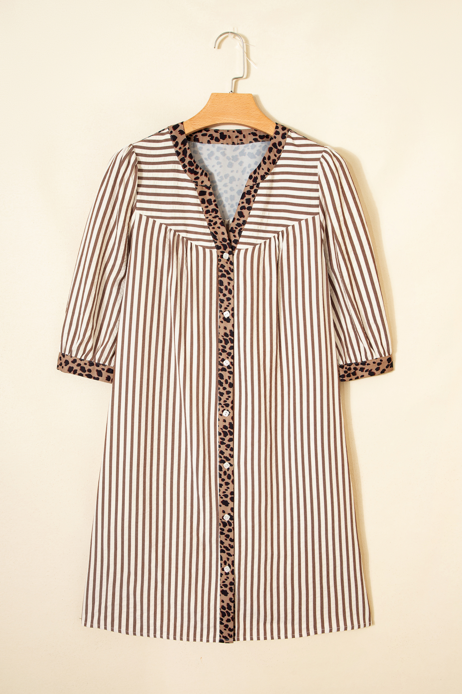 Khaki Stripe Square Button Leopard Trim Loose Bracelet Sleeve Shirt Dress - loveforevers