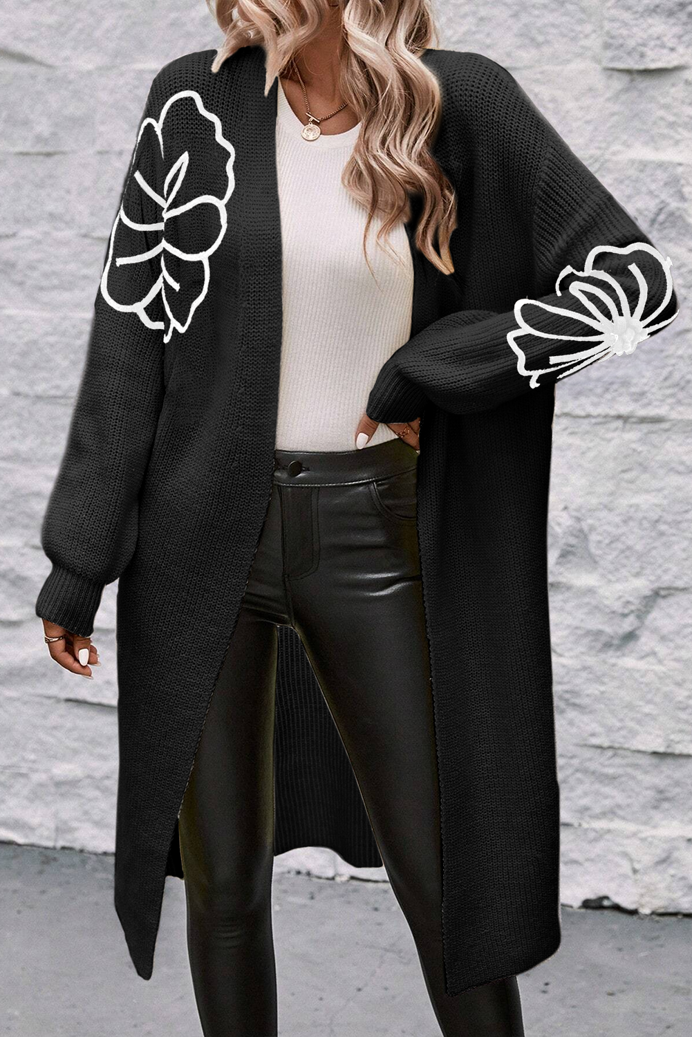 Black Flower Embroidered Drop Shoulder Open Front Duster Cardigan - loveforevers