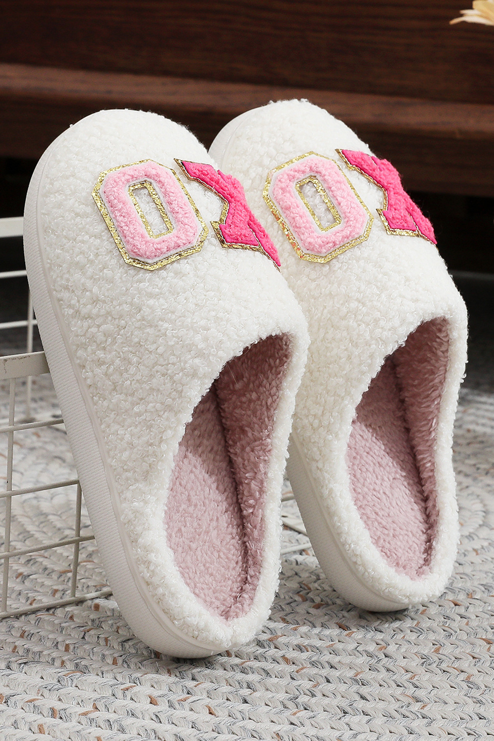 White XO XO Glitter Trim Letter Patched Plush House Slippers - loveforevers