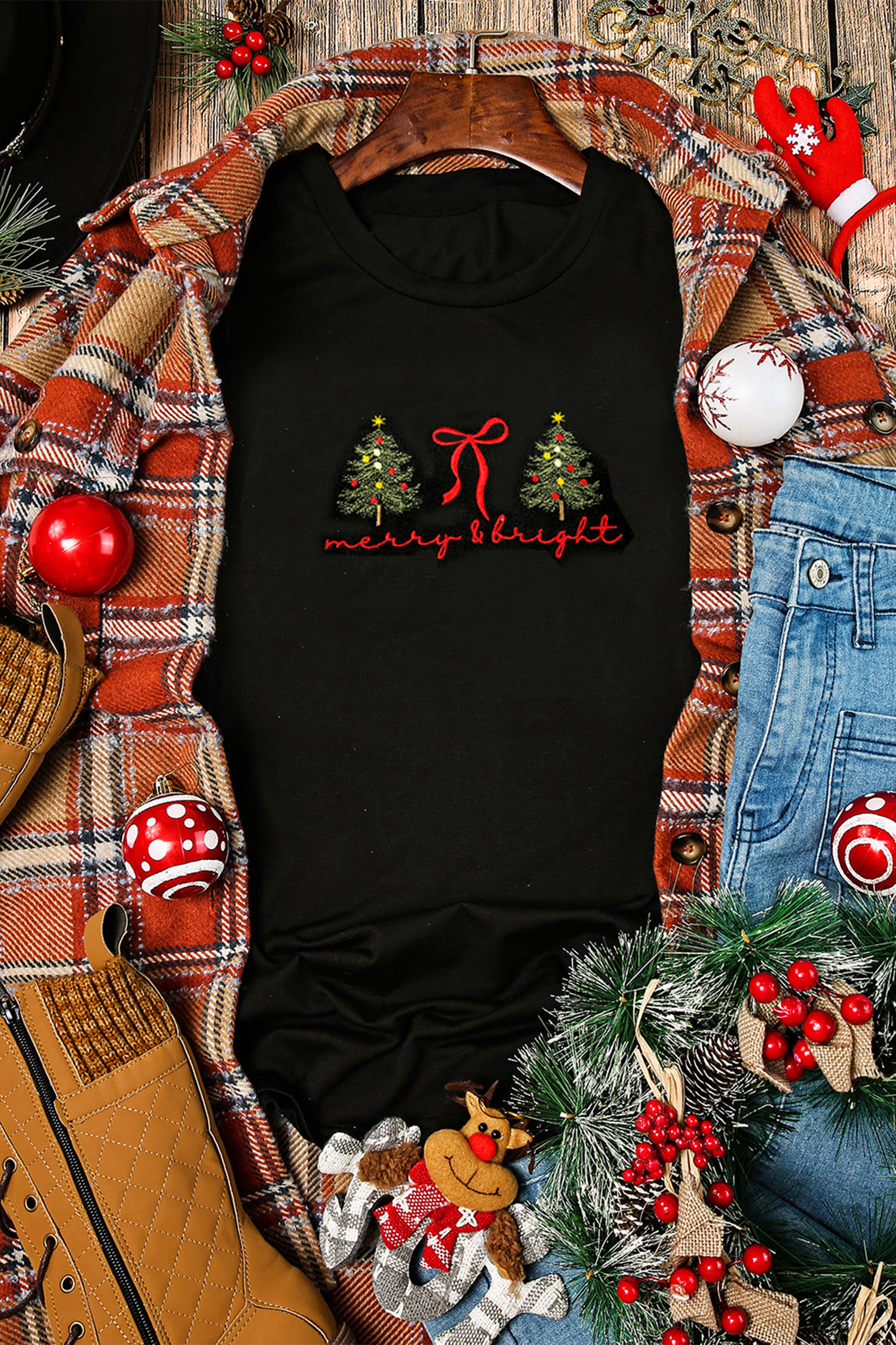 Black Christmas Tree merry & bright Ribbon Bow Embroidered Tee - loveforevers