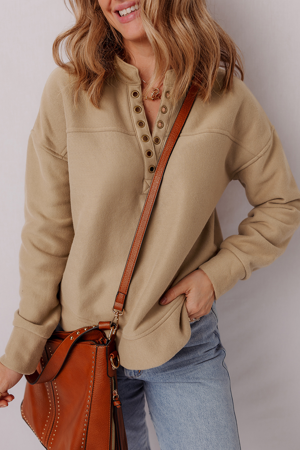 Light French Beige Grommet Detail V Neck Sweatshirt - loveforevers