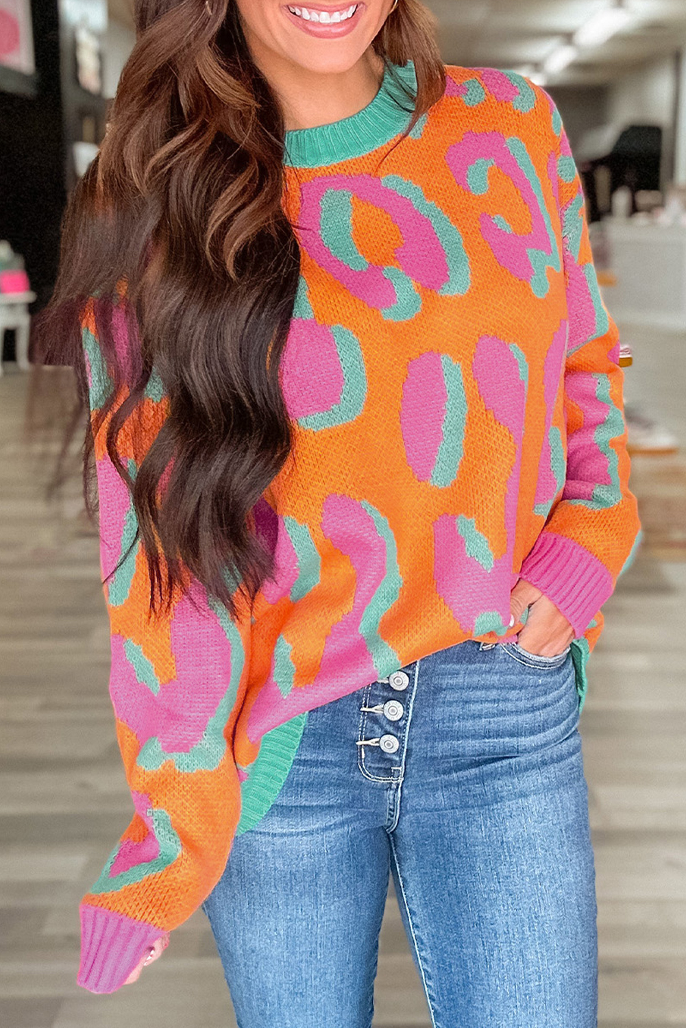 Orange Leopard Colorblock Ribbed Edge Sweater - loveforevers