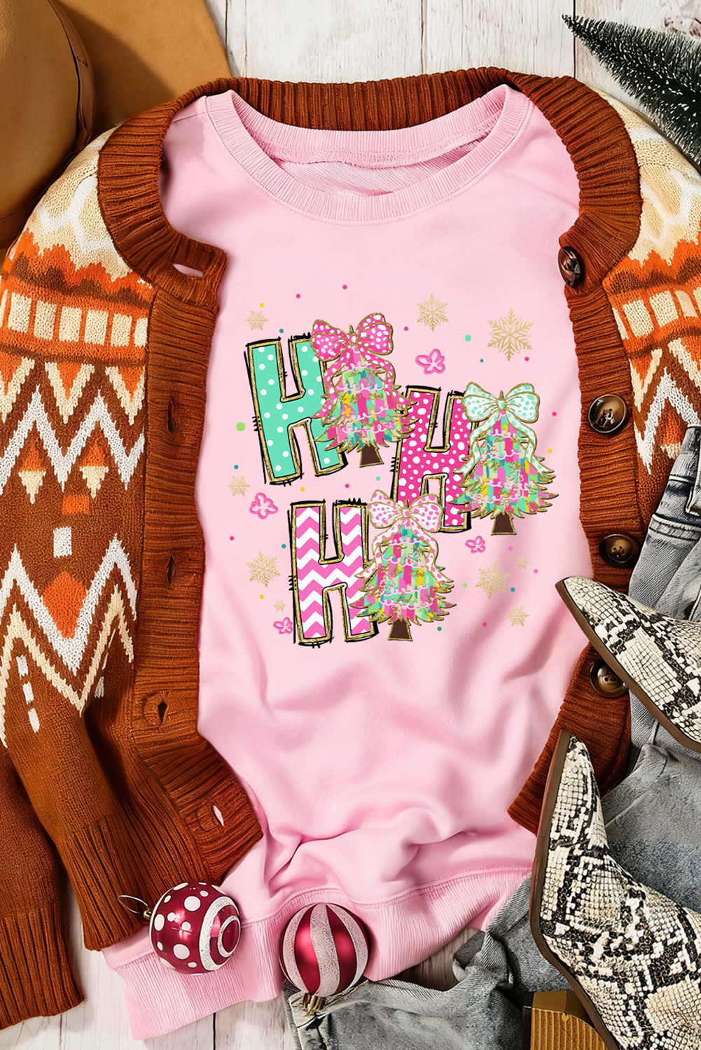 Pink HO HO HO Christmas Tree Graphic Pullover Sweatshirt - loveforevers