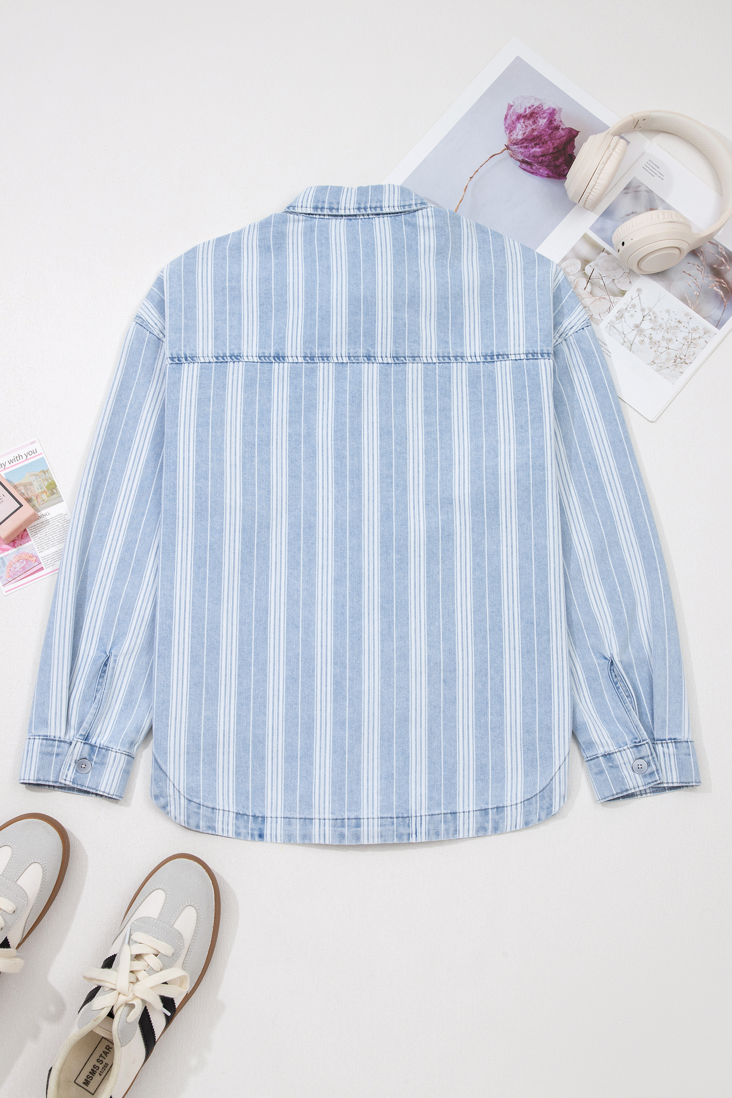 Sky Blue Stripe Boyfriend Chest Pocket Classic Denim Shacket - loveforevers