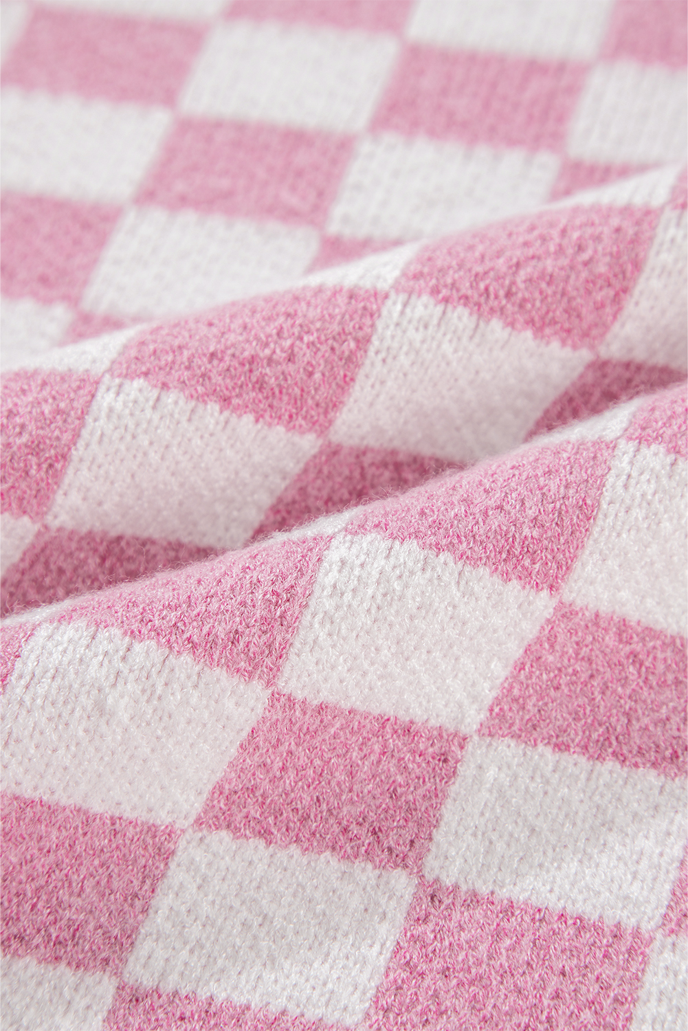 Pink Checkered Buttons Collar V Neck Drop Shoulder Sweater - loveforevers