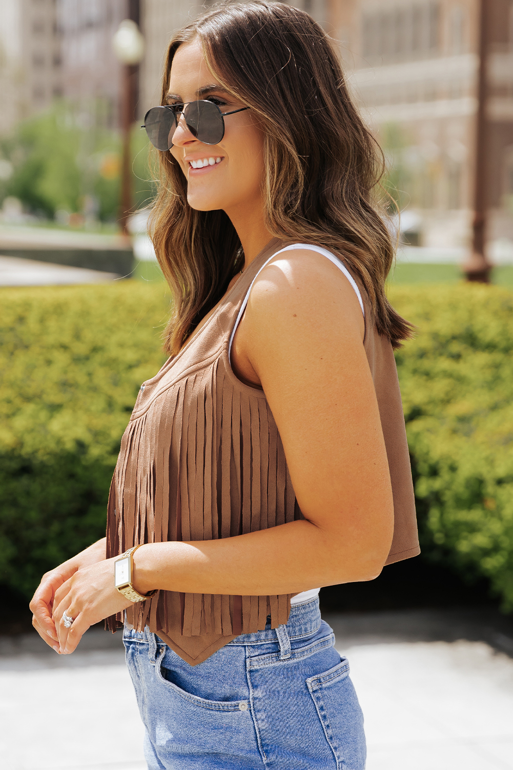 Camel Fringed Snap Button Front Suedette Vest - loveforevers