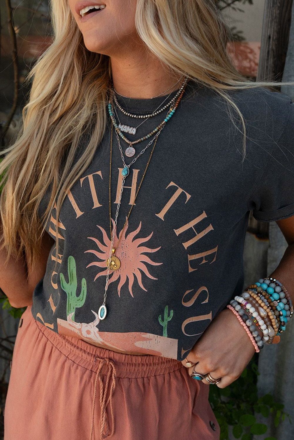 Dark Grey RISE WITH THE SUN Western Fashion Graphic Tee - loveforevers
