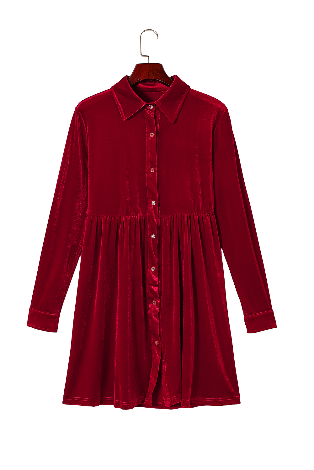 Fiery Red Long Sleeve Ruffle Velvet Button Up Dress - loveforevers