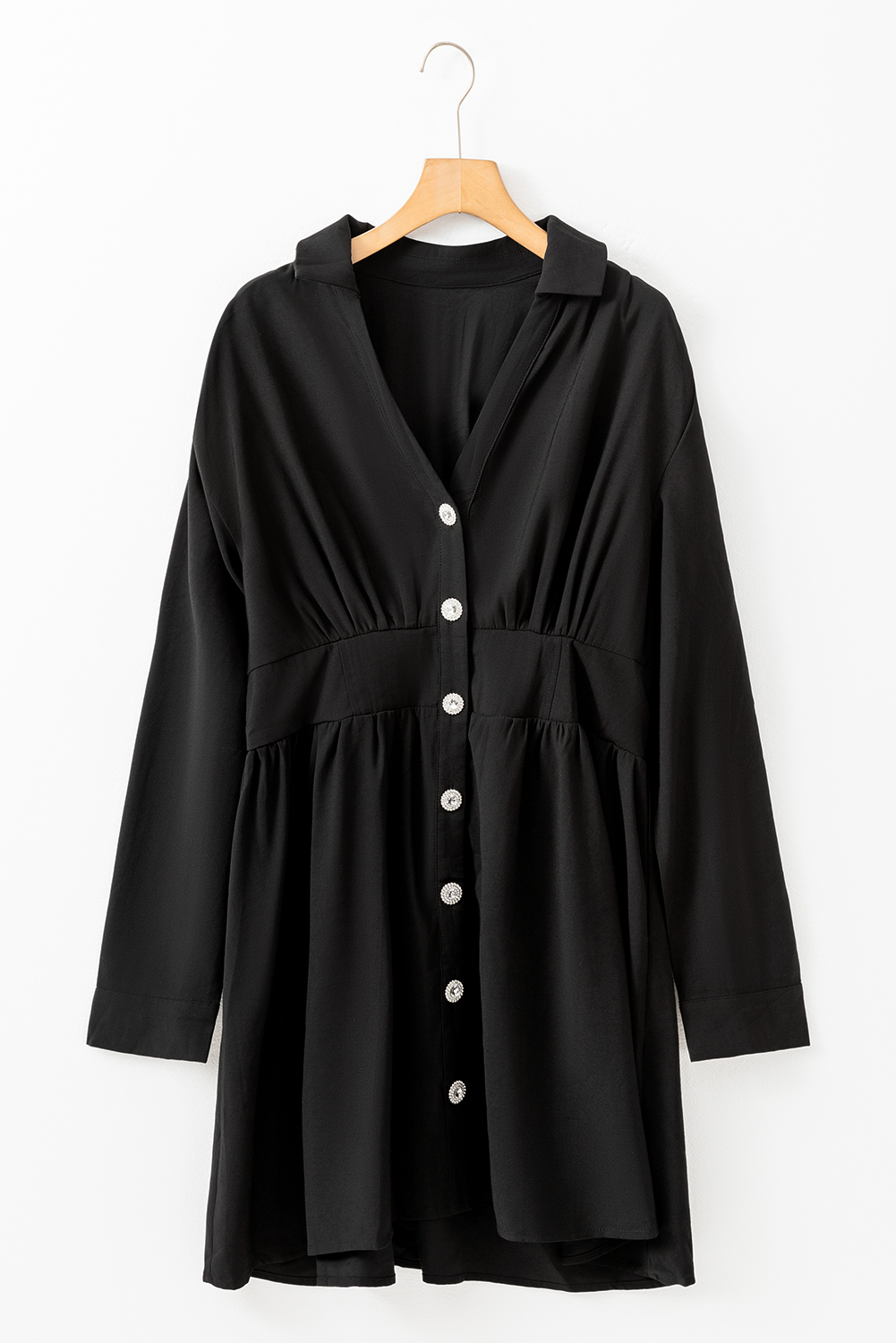 Black Elastic Cinched High Waist Long Sleeve Shirt Mini Dress - loveforevers