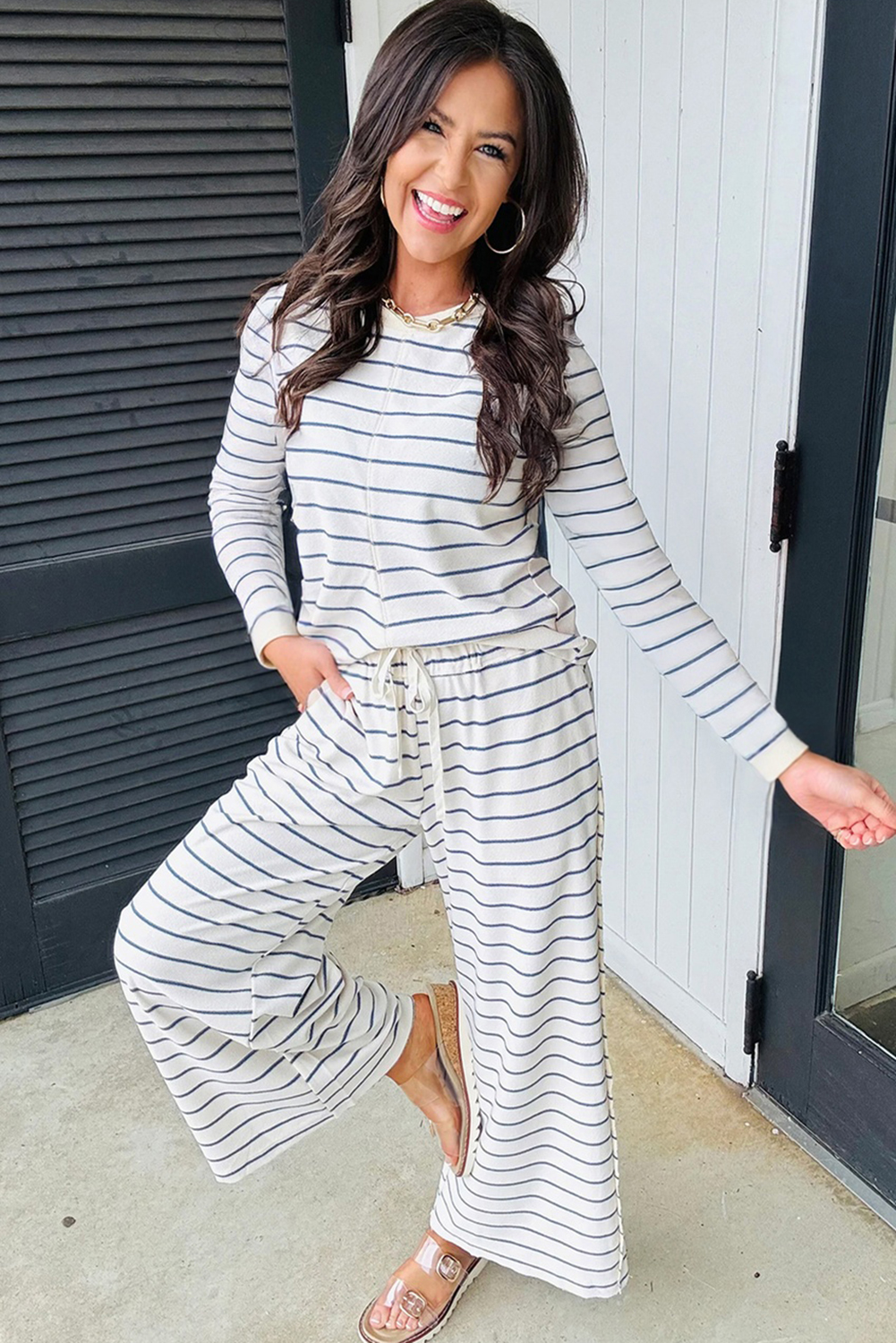 Sail Blue Striped Long Sleeve Top Drawstring Wide Leg Pants 2pcs Outfit - loveforevers