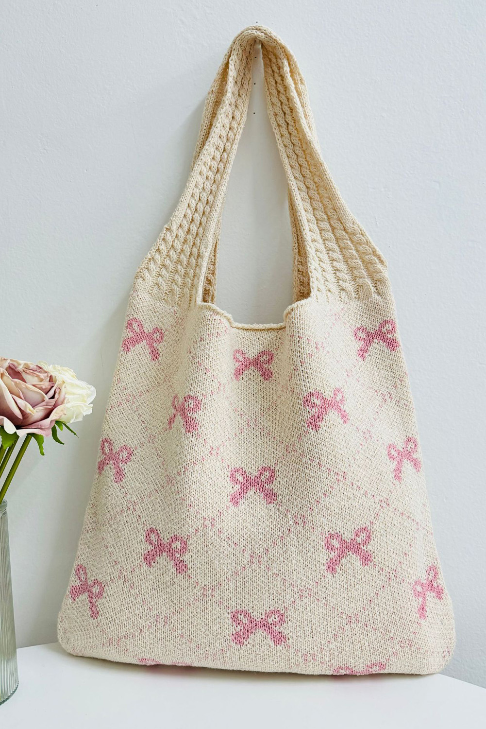 Beige Sweet Bowknot Textured Strap Knit Shoulder Bag - loveforevers