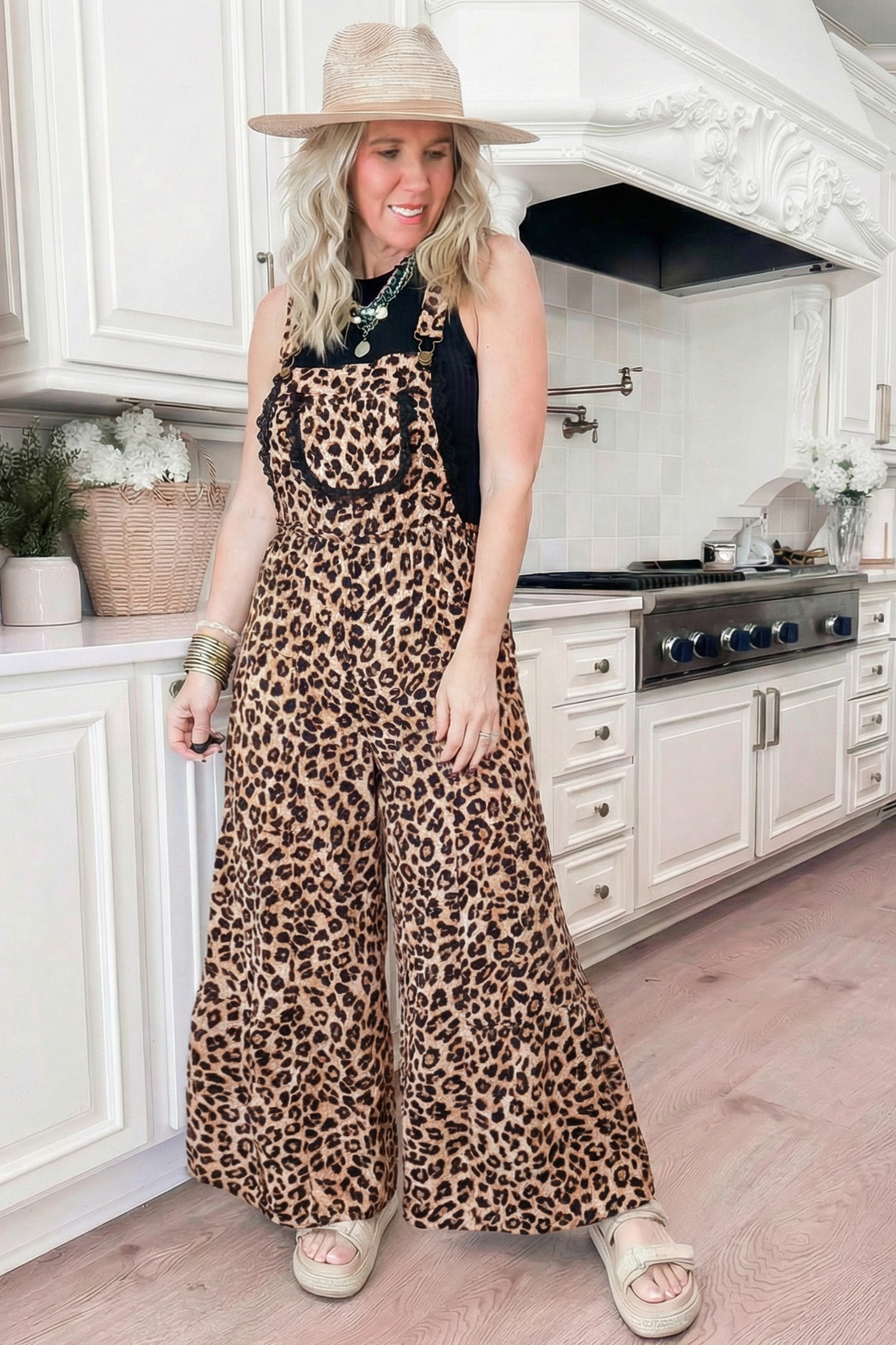 Khaki Cheetah Printed Contrast Lace Detail Ruffled Wide Leg Jumpsuit - loveforevers