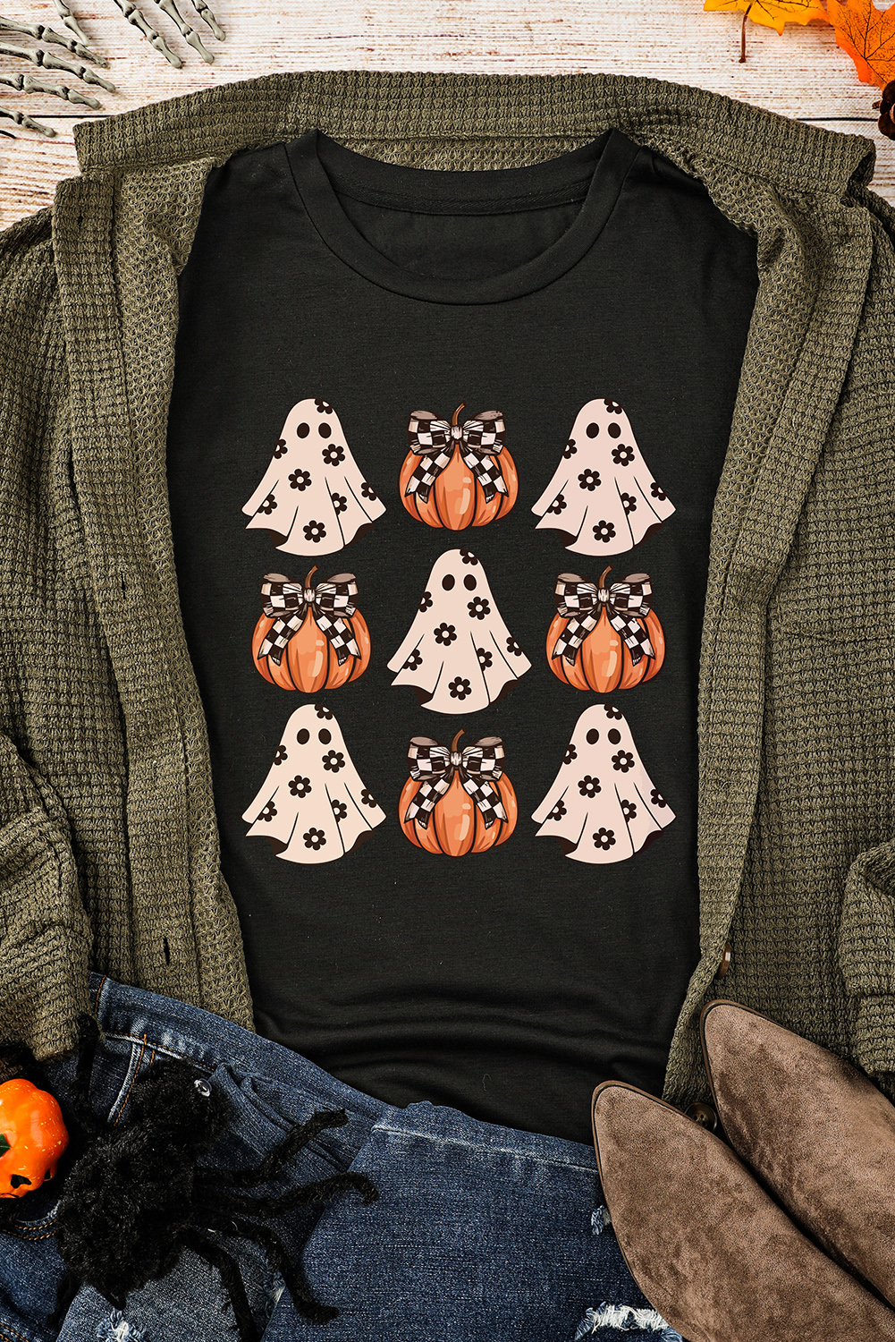 Black Halloween Ghost Pumpkin Print Crew Neck T Shirt - loveforevers