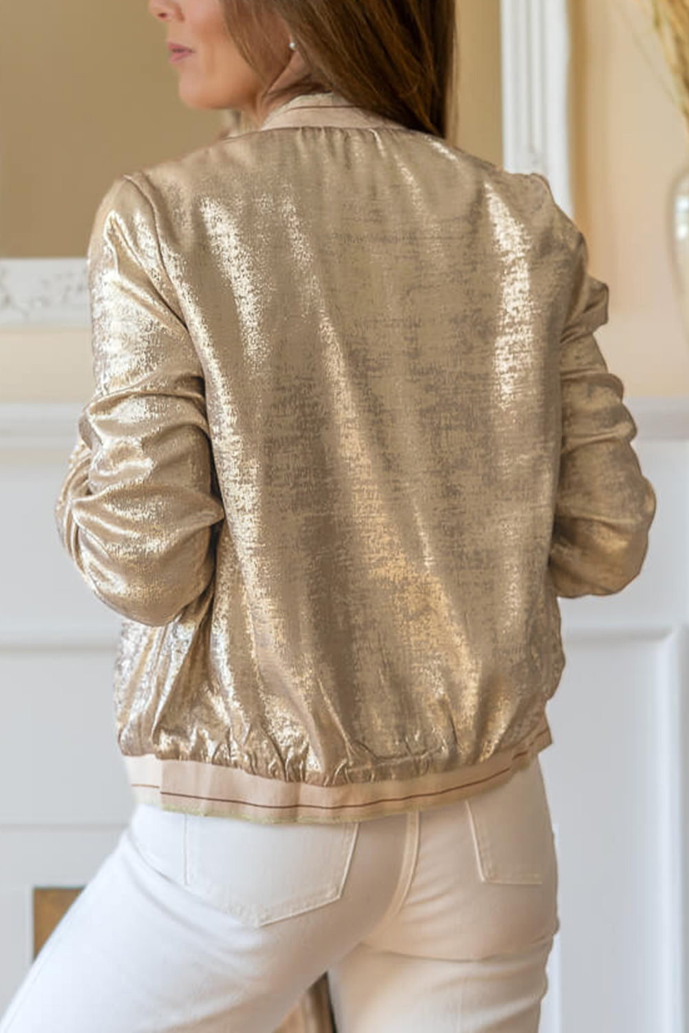 Pale Khaki Metallic Zip up Baseball Jacket - loveforevers