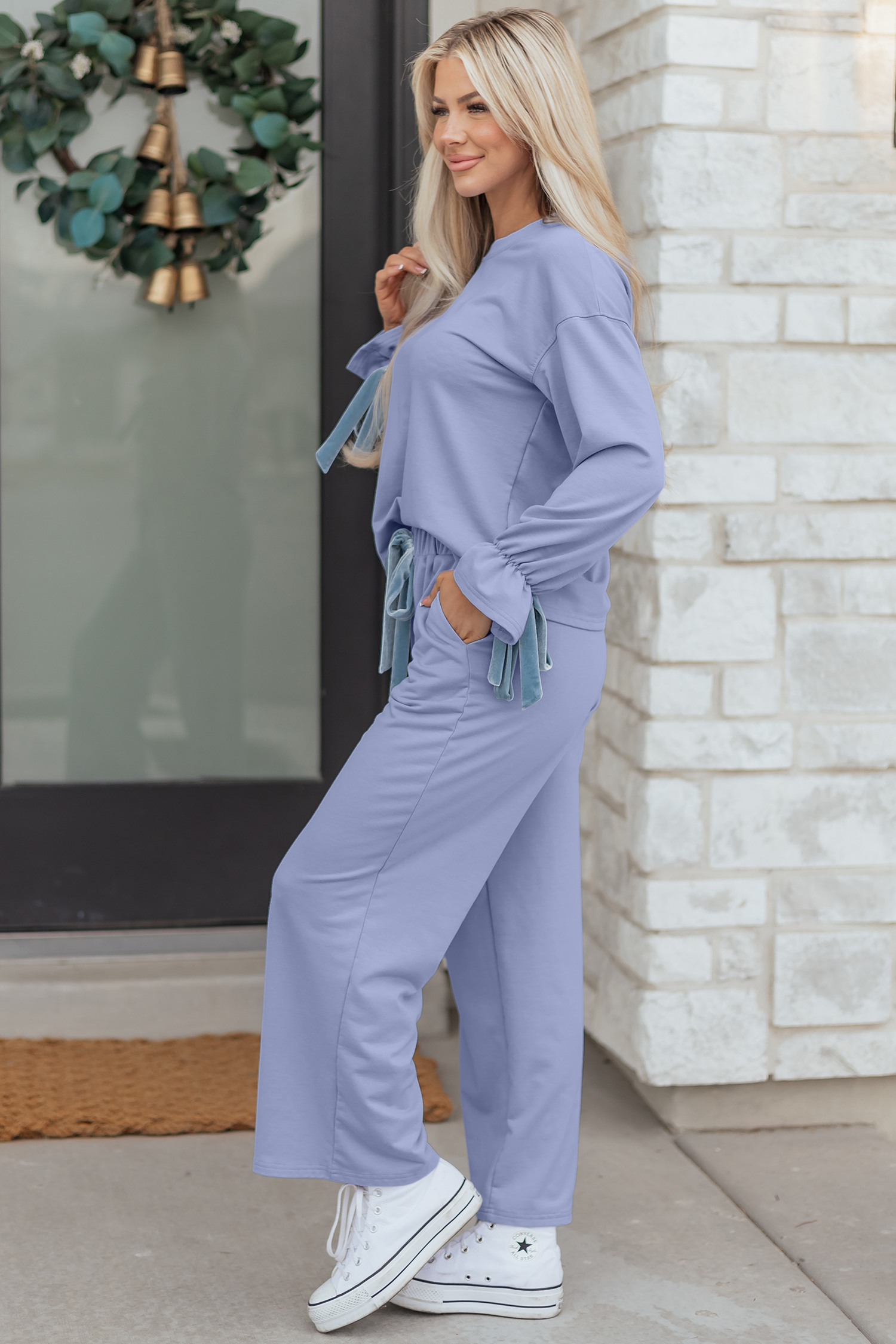 Beau Blue Flounce Long Sleeve Top Drawstring Pants Contrast Velvet Bow Knot 2pcs Lounge Set - loveforevers