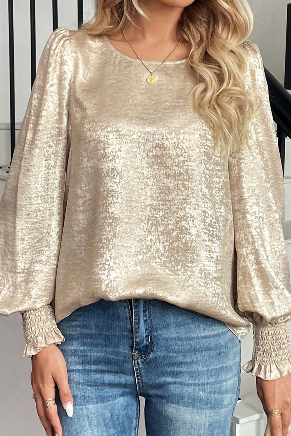 Apricot Metallic Round Neck Smocked Long Sleeve Blouse - loveforevers