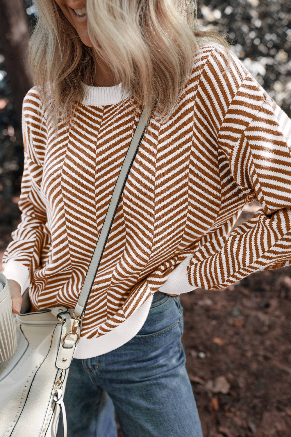 Coffee Contrast Edge Crew Neck Drop Shoulder Sweater - loveforevers