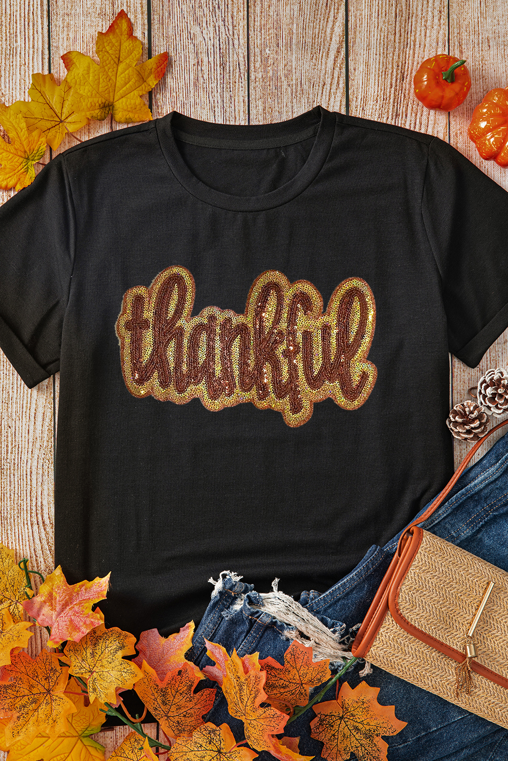 Black Sequined Thankful Round Neck Graphic Tee - loveforevers