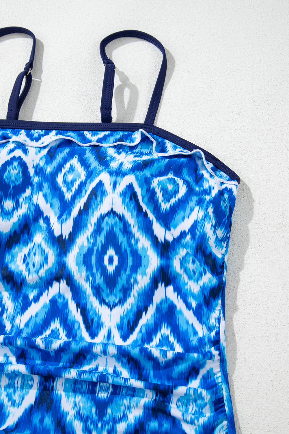 Navy Blue Abstract Print Frilled Trim Spaghetti Straps Tankini Set - loveforevers