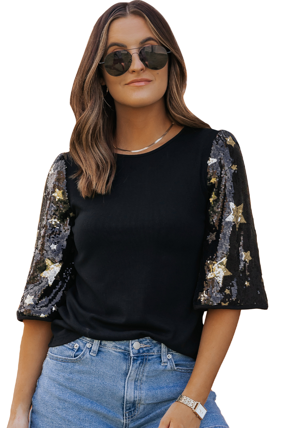 Black Star Sequin Splicing Half Sleeve Top - loveforevers