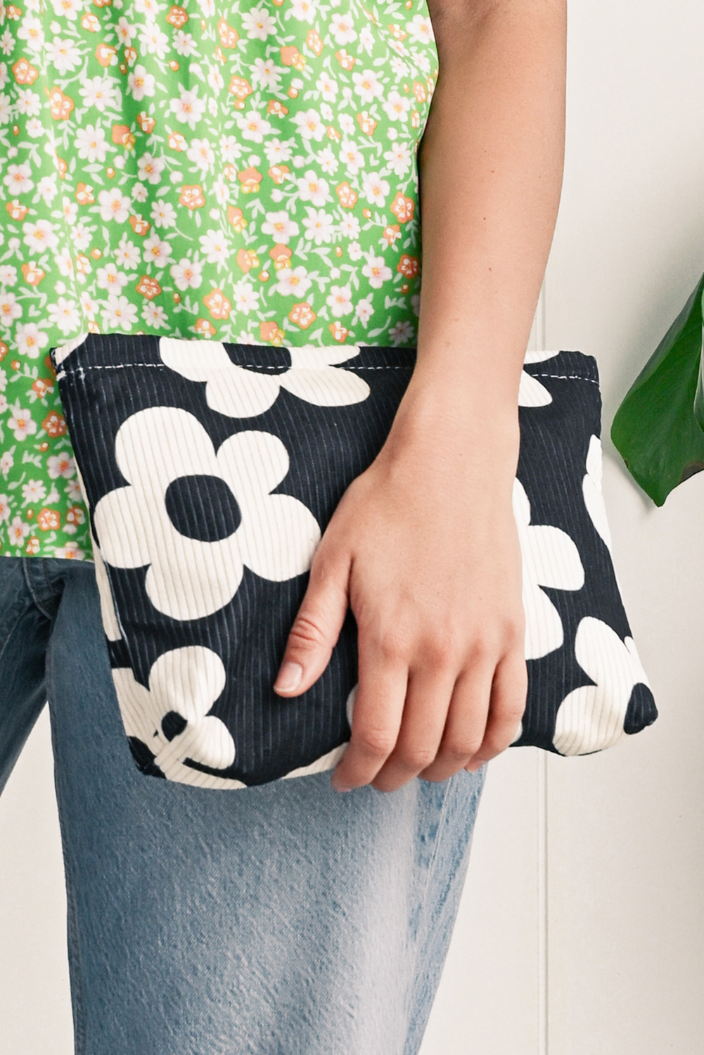 Red Flower Printed Rib Textured Cosmetic Bag - loveforevers