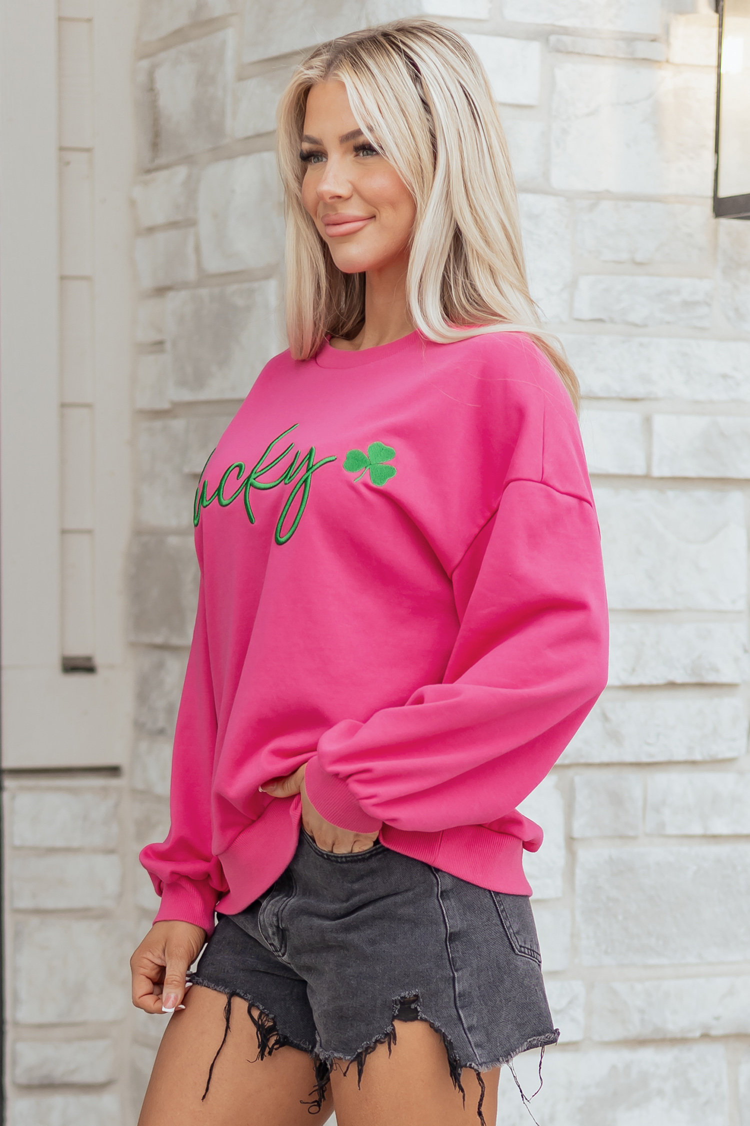 Rose Red Lucky Clover Embroidered Loose Pullover Sweatshirt - loveforevers