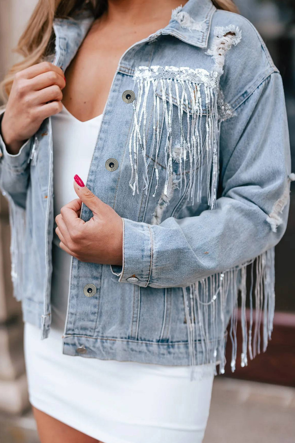 Sky Blue Sequin Embellished Fringe Distressed Denim Jacket - loveforevers