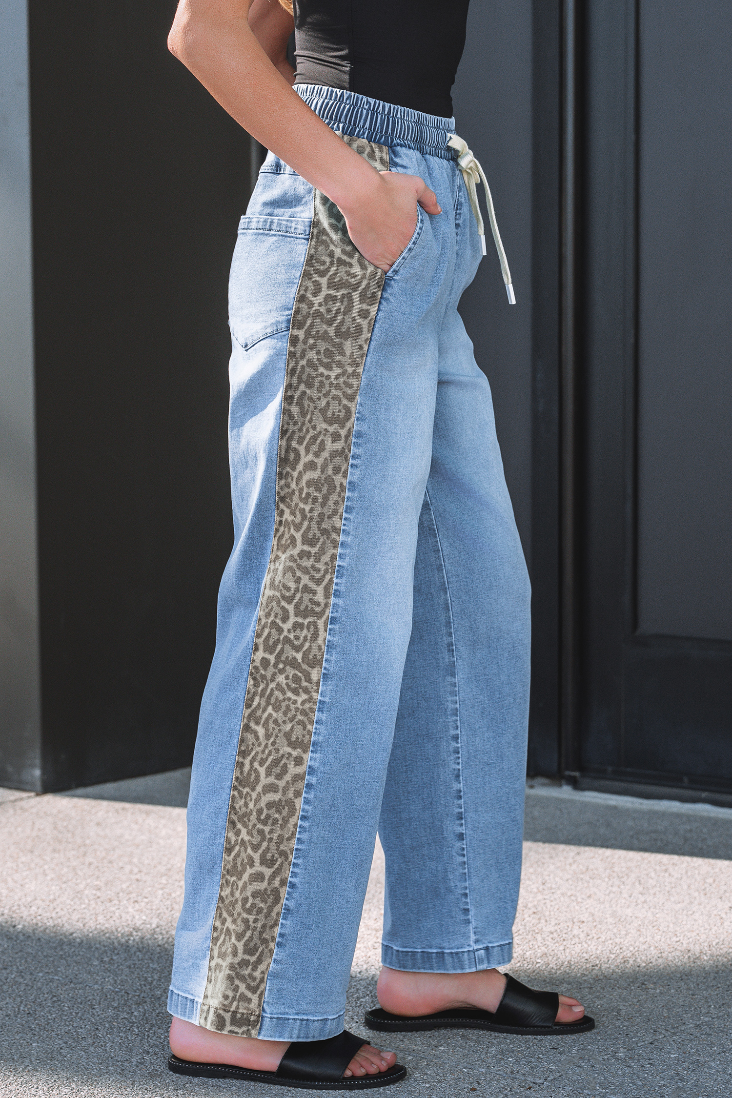 Beau Blue Drawstring Elastic Waist Leopard Striped Side Panel Wide Leg Jeans - loveforevers