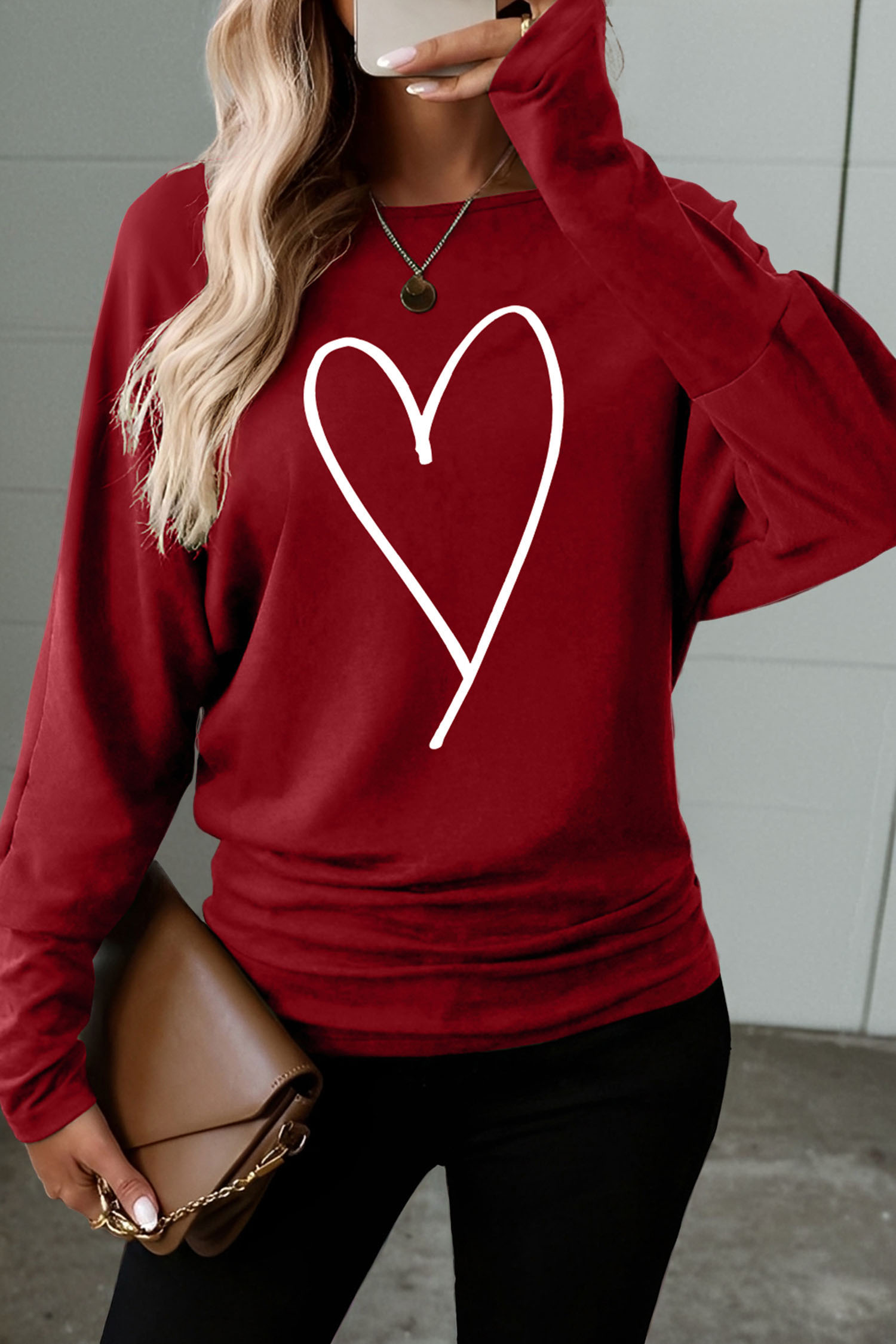 Red Dahlia Heart-shaped Print Valentines Day Long Sleeve Top - loveforevers