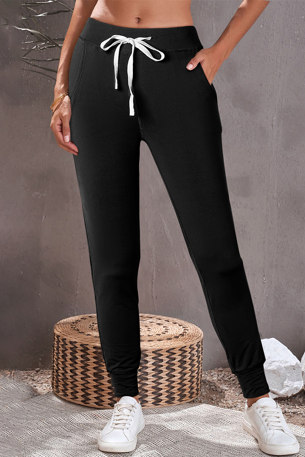 Black Drawstring Elastic Waistband Pocketed Joggers - loveforevers