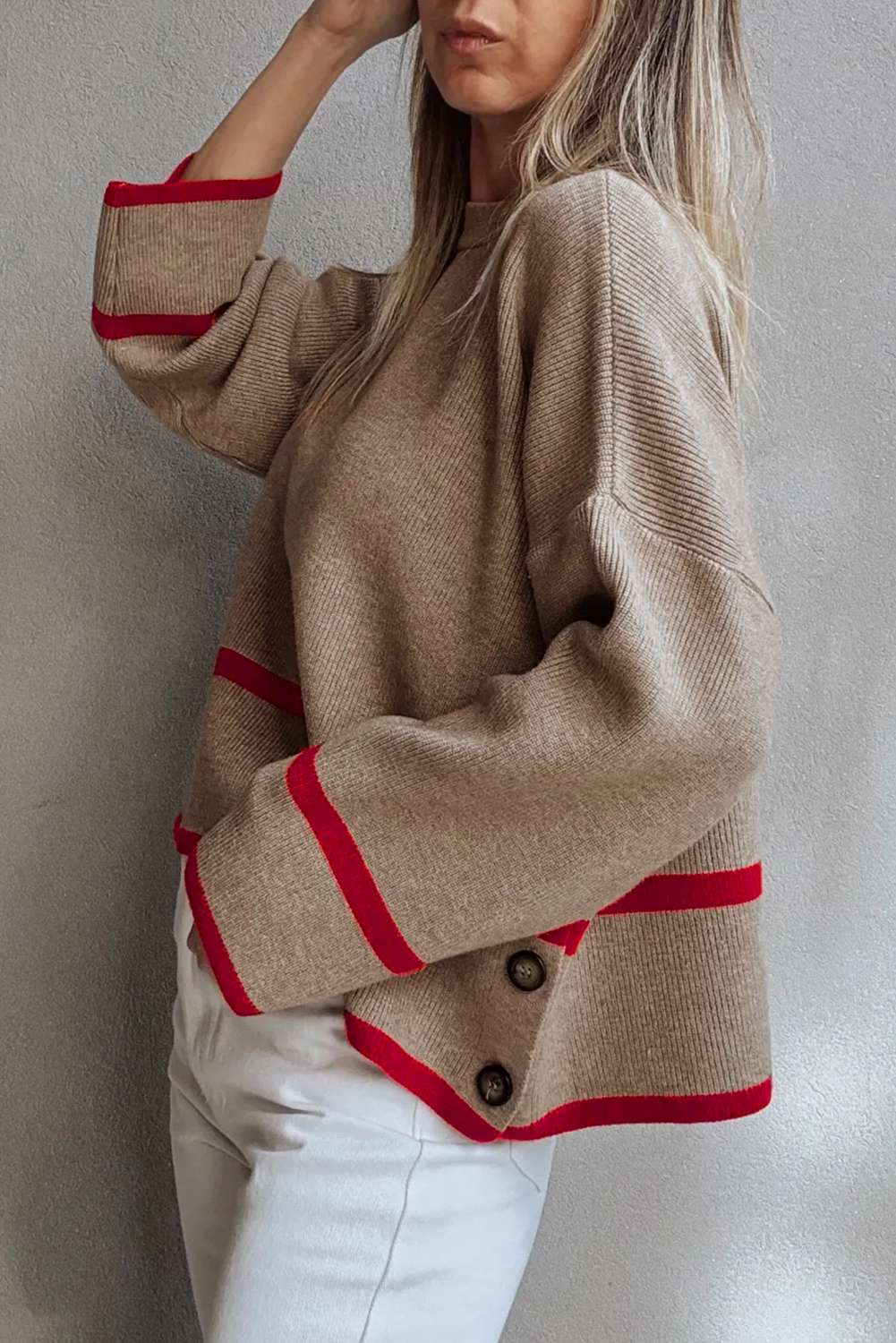 Simply Taupe Ribbed Knit Contrasted Stripe Detail Button Side Loose Sweater - loveforevers
