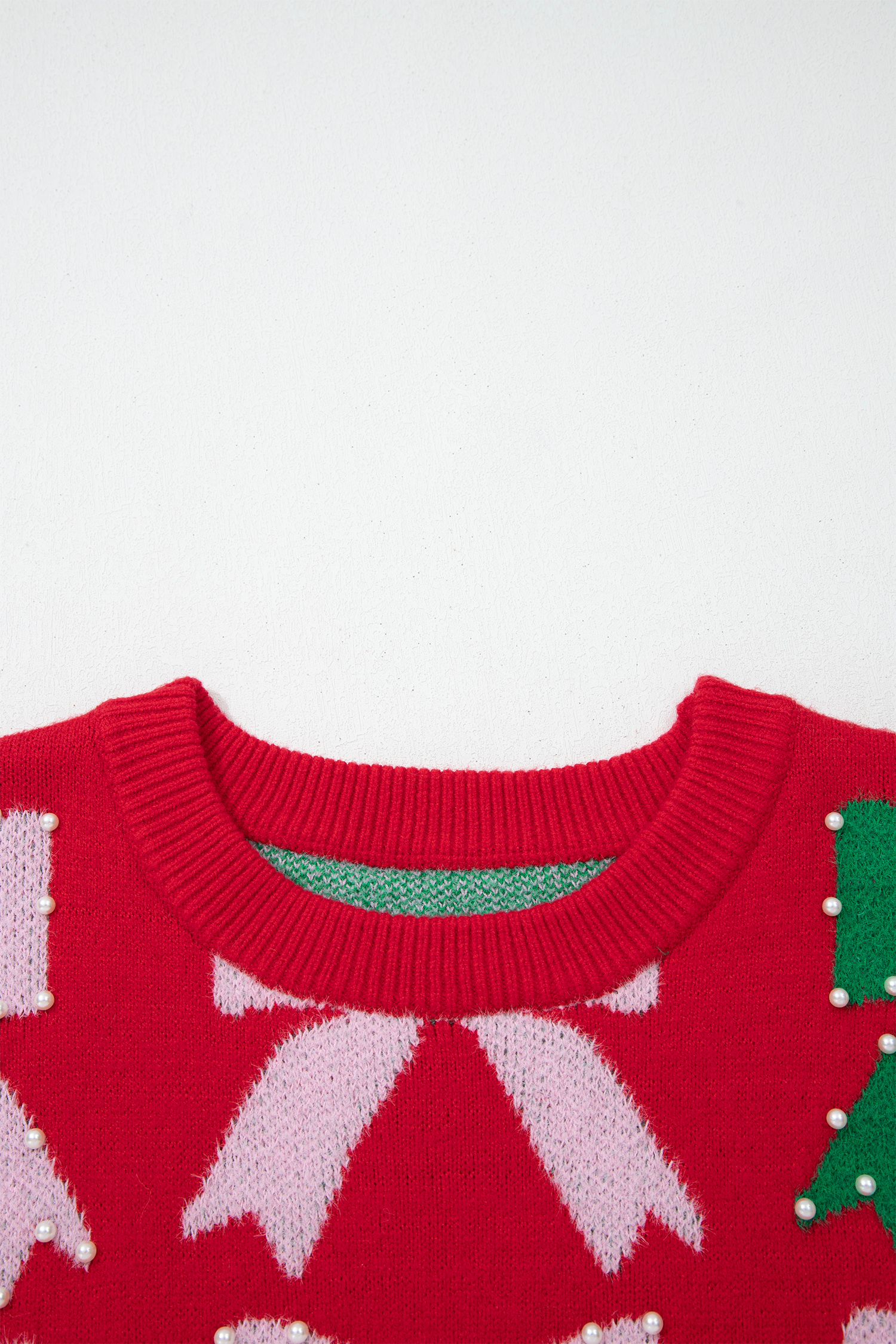 Fiery Red Bow Pearl Embellished Christmas Holiday Sweater - loveforevers