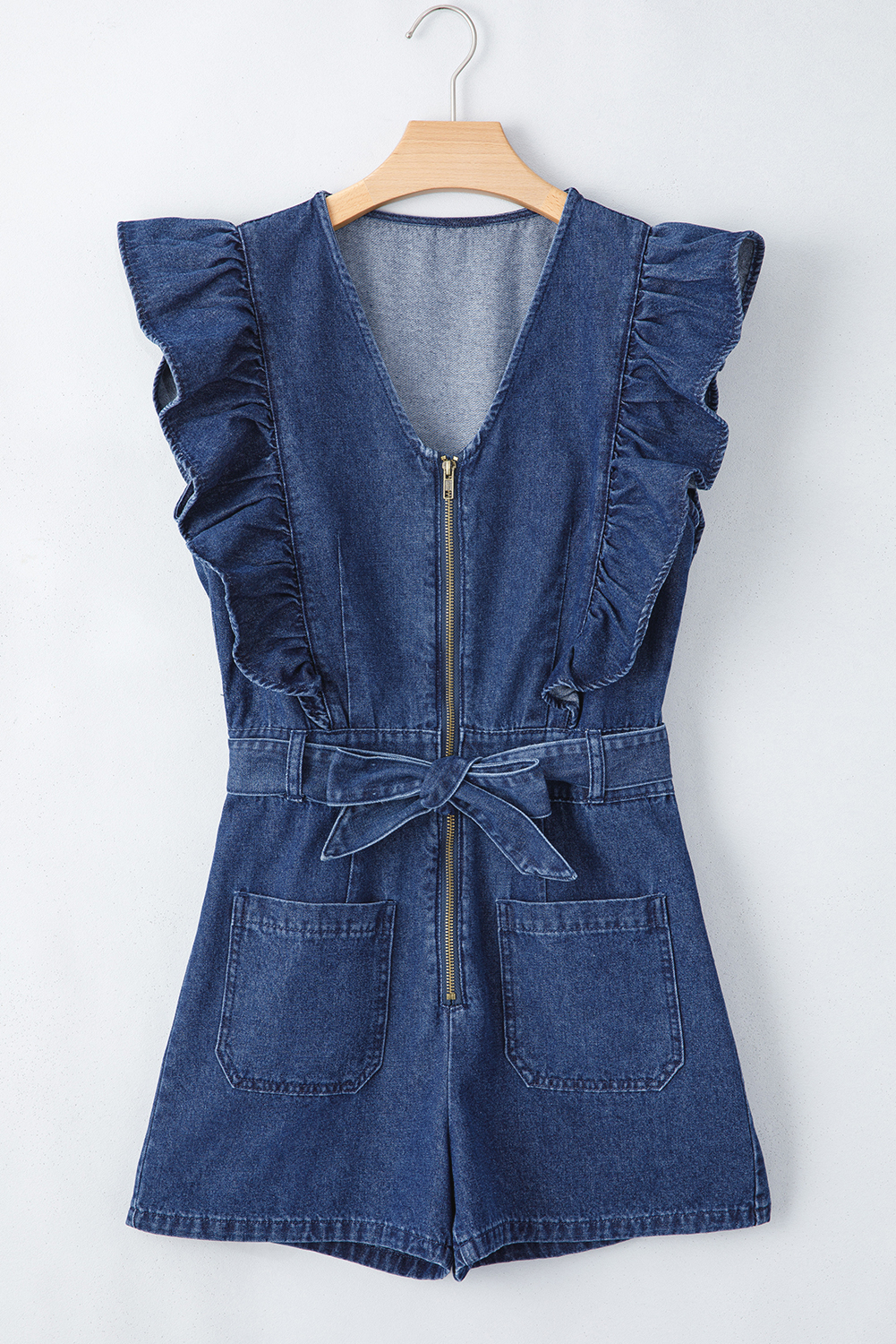 Sail Blue Denim Ruffled Zipped Front Belted Romper - loveforevers