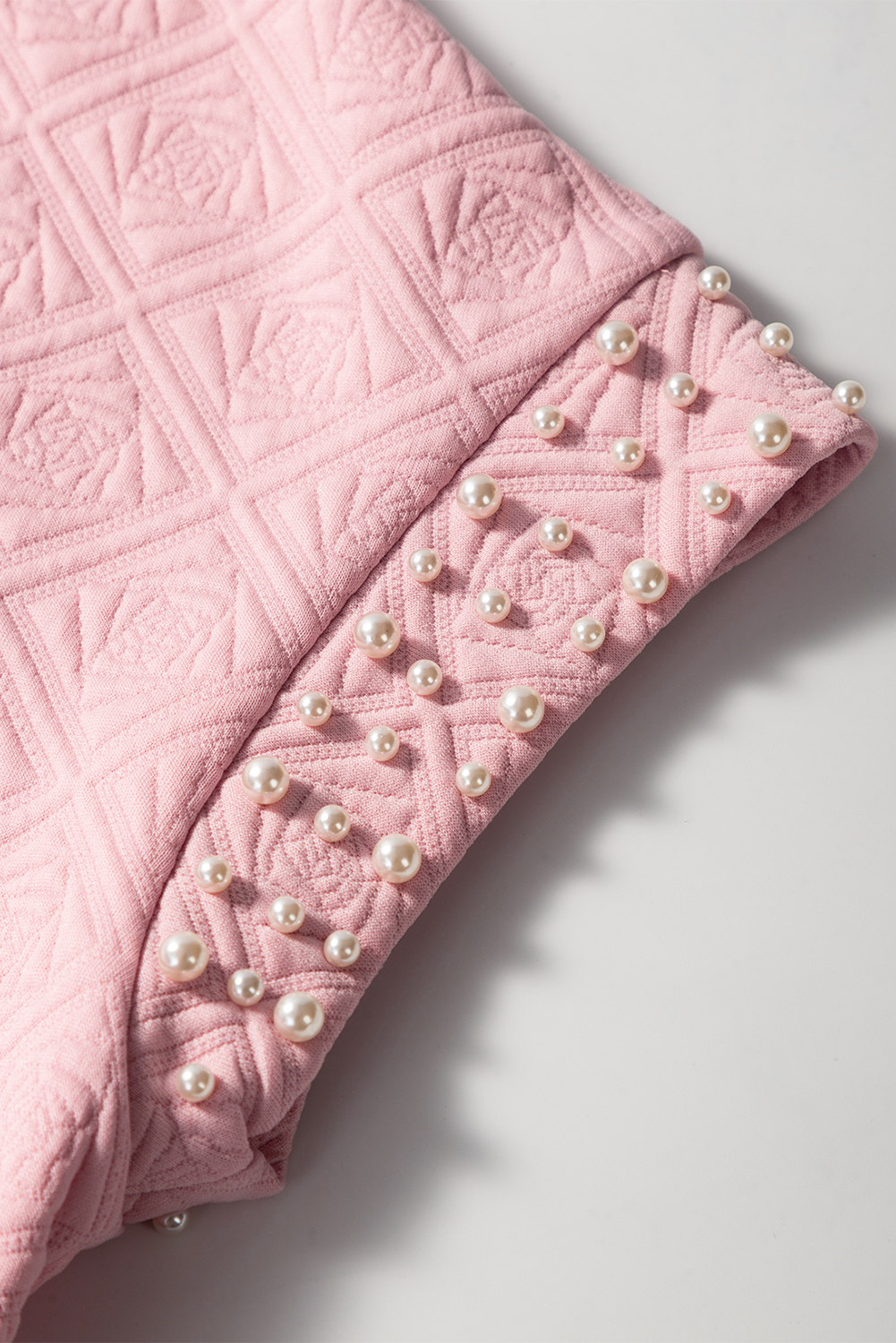 Light Pink Pearl Embellished Flower Textured T Shirt - loveforevers